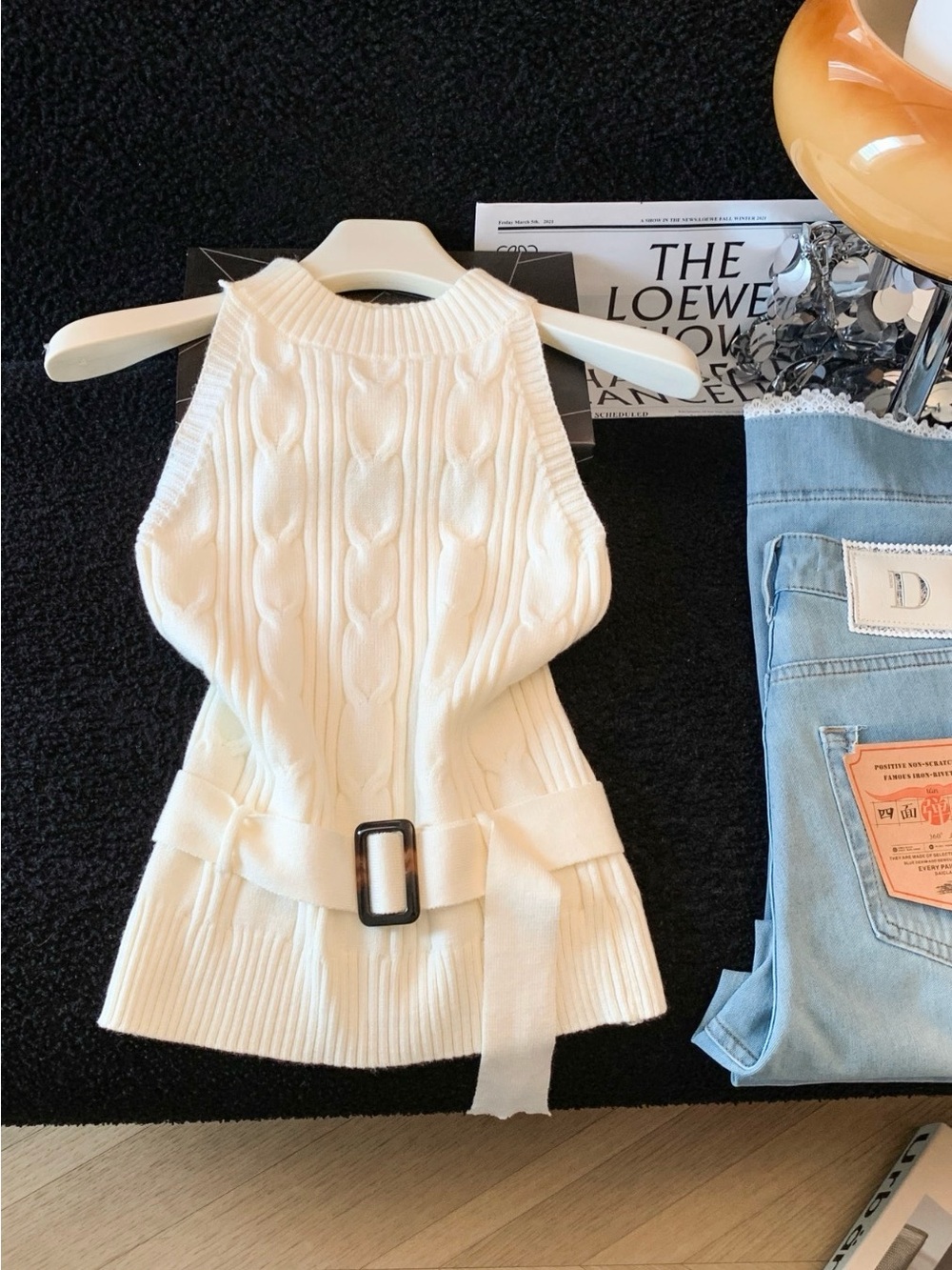 Loewe Cream Cable-Knit Belted Sleeveless Sweater